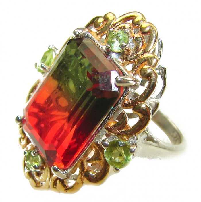41.2 carat rectangle cut Brzailian Tourmaline .925 Silver handcrafted Cocktail Ring s. 6 3/4 - Close-up of 41.2 carat rectangular Brazilian Tourmaline ring.