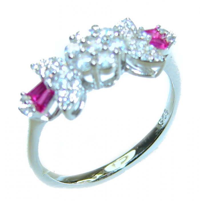 1.8 carat Authentic Ruby .925 Sterling Silver Handcrafted Ring size 6 3/4 - Side view of ruby and diamond sterling silver ring in bright light.