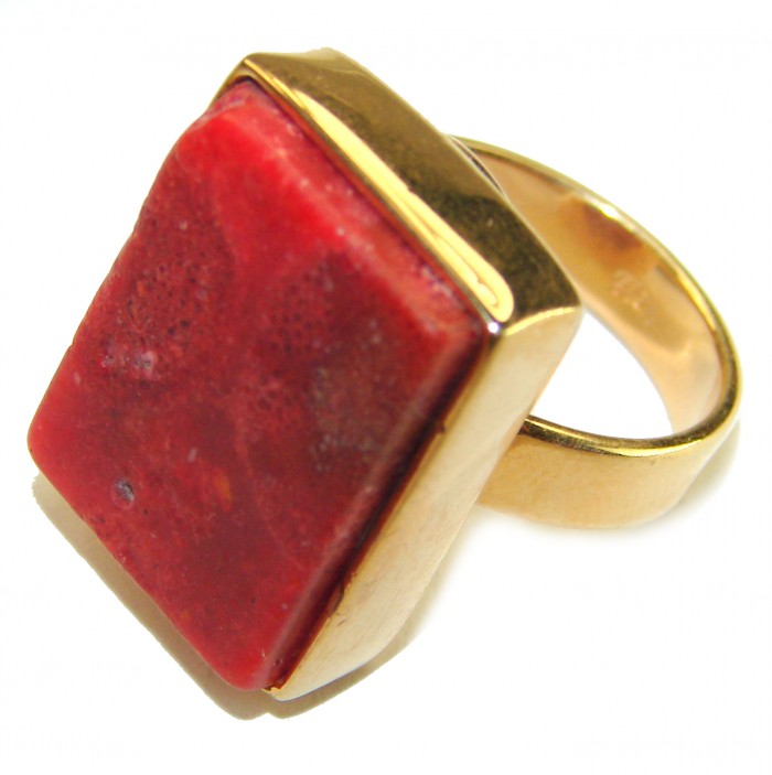 Bochic Style Natural Fossilized Coral 14K Gold over .925 Sterling Silver handmade ring s. 8 adjustable - Fossilized coral ring, side angle, 14K gold over sterling silver.
