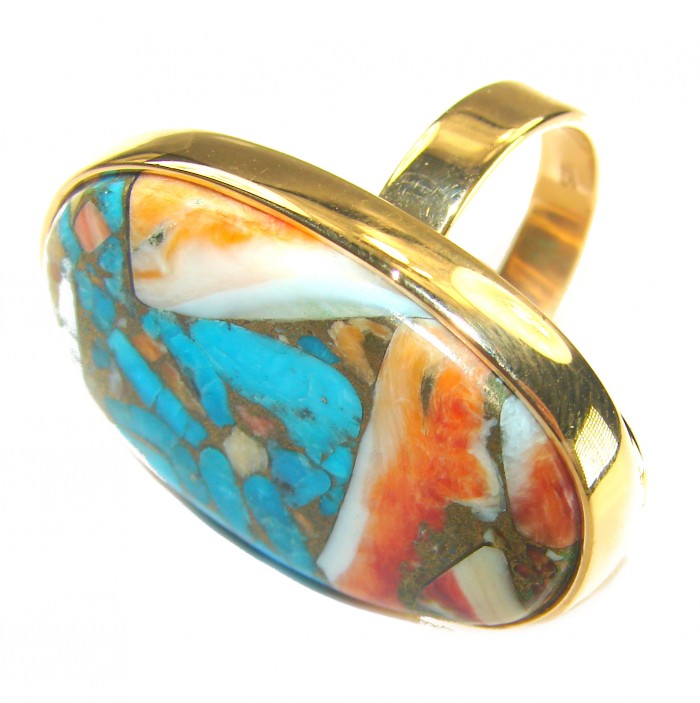 Rare 29.5 carat Oyster Turquoise 18K Gold over .925 Sterling Silver handcrafted Large ring; s. 8 adjustable - Close-up of rare Oyster Turquoise ring in 18K gold over sterling silver.