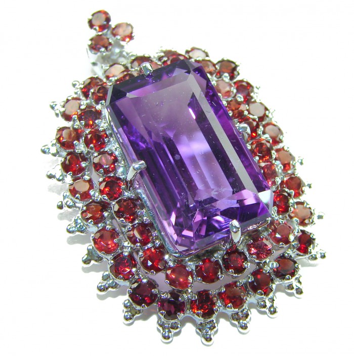 Mademoiselle - Vintage Design 32.4 CARAT authentic Amethyst .925 Sterling Silver handcrafted Pendant - Close-up of Mademoiselle vintage design amethyst with red gemstone halo.