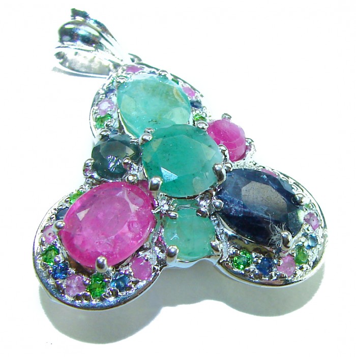 Authentic 12.5 carat Emerald Sapphire .925 Sterling Silver handcrafted Pendant - Butterfly-shaped gemstone pendant, top view, vivid multi-color stones.