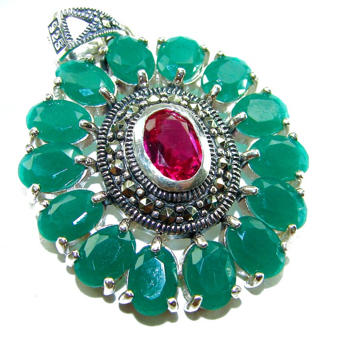 Circle of Life 8.2 carat authentic Ruby Emerald .925 Sterling Silver handmade Pendant - Close-up of Circle of Life pendant with ruby and emeralds