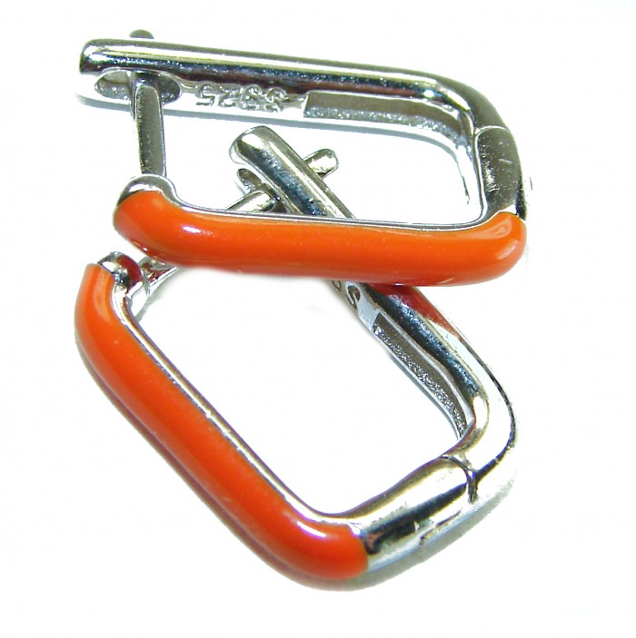 0.5 carat orange enamel .925 Sterling Silver handcrafted earrings - Orange enamel sterling silver clasp detail, close-up view.