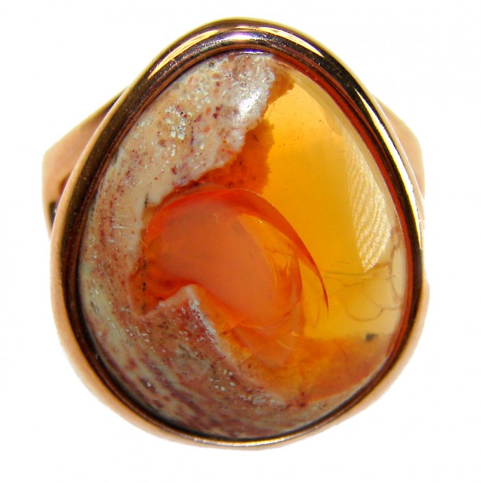 Bonfire Night best quality 27.4 carat Mexican Opal .925 Sterling Silver dipped in 18K Gold handmade ring 6 - Mexican Opal ring close-up showcasing vibrant amber tones.