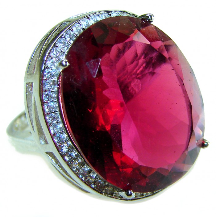 Bella Rosa Genuine 29.8 CARAT Red TOPAZ .925 Sterling Silver Large Statement Ring size 6 1/4 - Close-up of Bella Rosa 29.8 carat red topaz in .925 sterling silver setting.