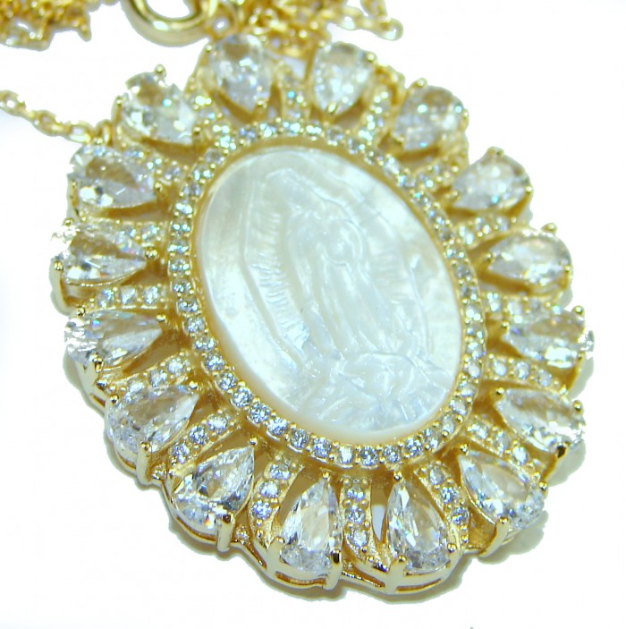 Virgin MARY Precious Blister Pearl 18K Gold over .925 Sterling Silver Necklace - Close-up of Virgin Mary pendant with pearl and gold details