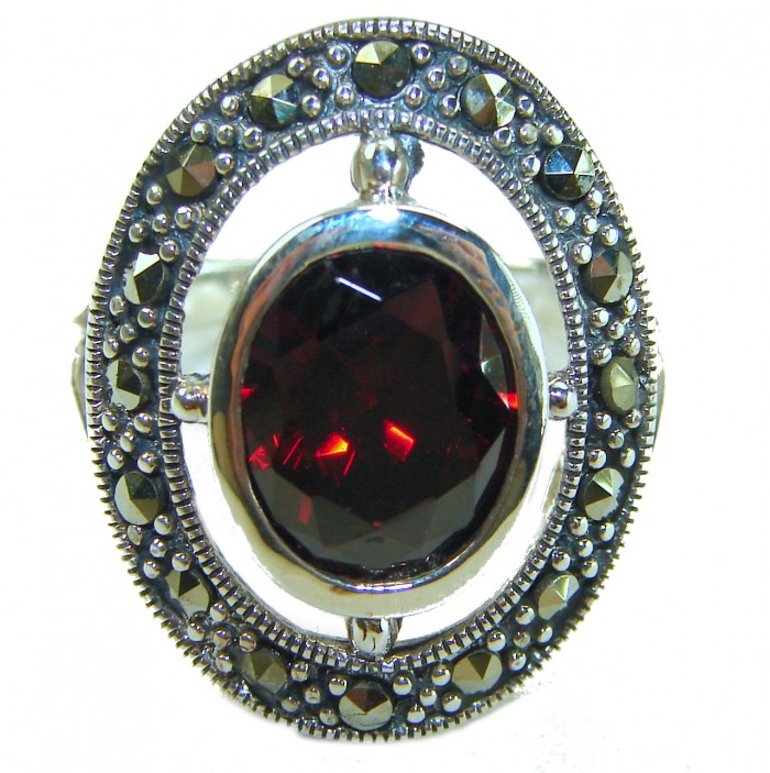 Crimson Fire Natural 7.8 carat Garnet Marcasite .925 Sterling Silver handmade Large Statement Ring size 7 - Close-up of Crimson Fire 7.8 carat Garnet Marcasite ring.