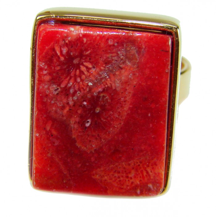 Bochic Style Natural Fossilized Coral .925 Sterling Silver handmade ring s. 7 1/4 - Close-up of Bochic fossilized coral ring in sterling silver.