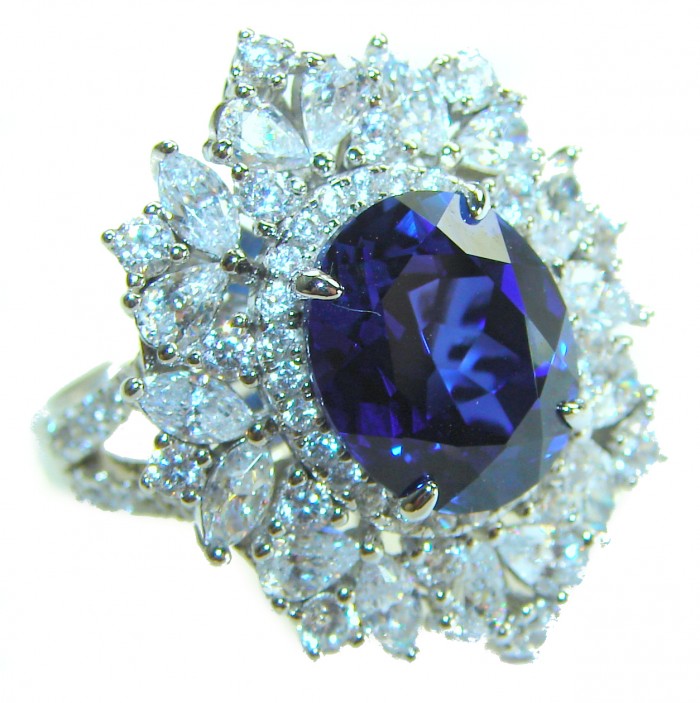Precious Design oval cut 8.9 CARAT Tanzanite .925 Sterling Silver Statement Ring s. 8 1/4 - Close-up of oval cut 8.9 carat Tanzanite ring in .925 sterling silver.