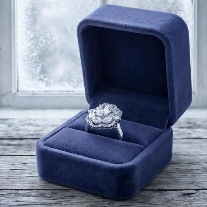 Ice Queen - 8.5 carat White Topaz .925 Sterling Silver Statement ring size 6 1/4 - Ice Queen ring in blue box, angled view, white topaz, sterling silver