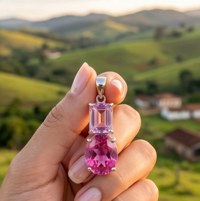 Marvelous Natural 20.8 carat Pink Sapphire .925 Sterling Silver Handcrafted pendant - Close-up of pink sapphire pendant held by hand against scenic backdrop