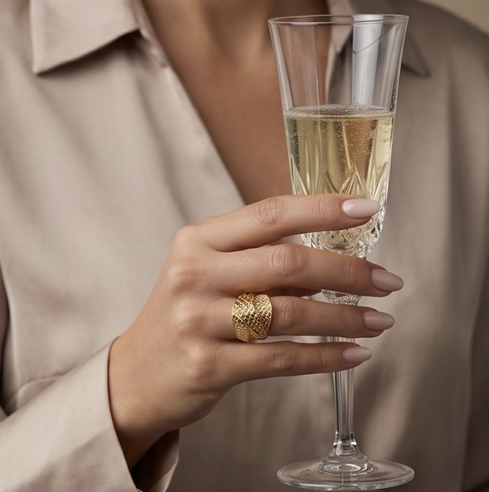 Dubai Style .925 Sterling Silver dipped in 22K Gold handmade Large ring size 8 - Gold ring worn on hand holding a champagne flute
