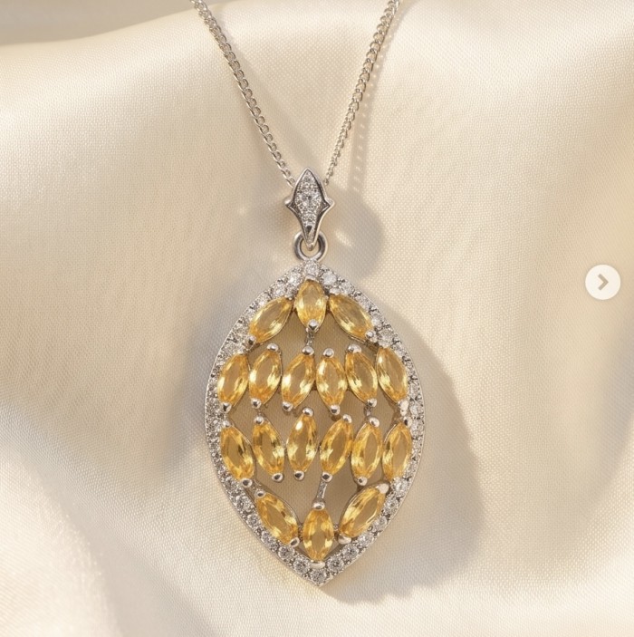 Authentic 15.5 carat Brazilian Citrine rhodium over .925 Sterling Silver handcrafted Statement Pendant - Elegant Brazilian Citrine pendant on satin, front view