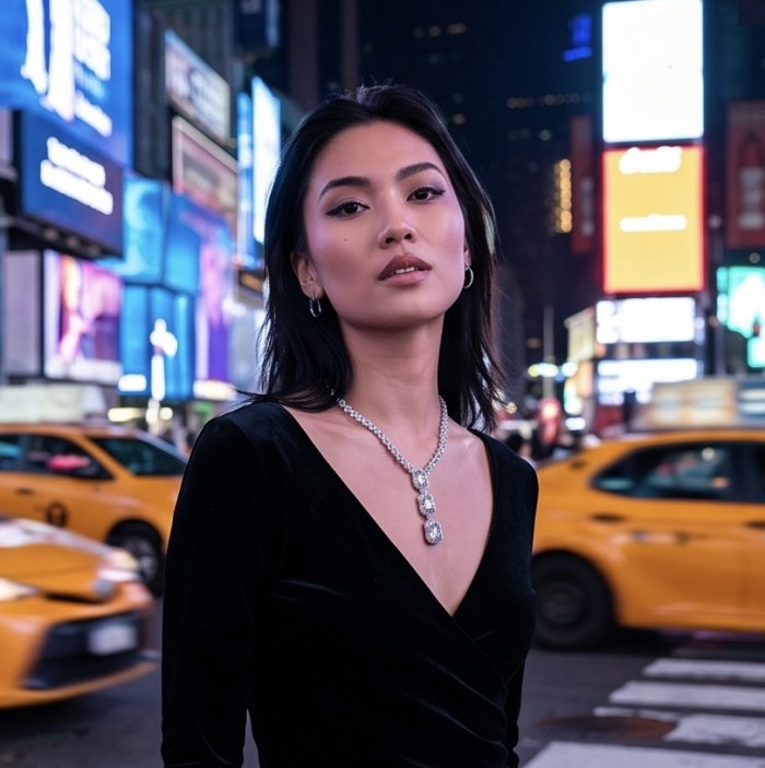 Mademoiselle 27.2 carat Moissanite .925 Sterling Silver .925 Sterling Silver Statement Necklace - Woman wearing Mademoiselle 27.2 carat Moissanite necklace at night.