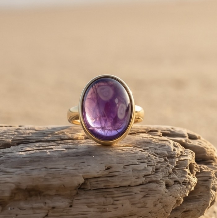 Peace 15.5 carat natural Amethyst 18K Gold over .925 Sterling Silver Handcrafted Ring size 8 adjustable - Amethyst ring close-up on driftwood, 18K gold over .925 sterling silver