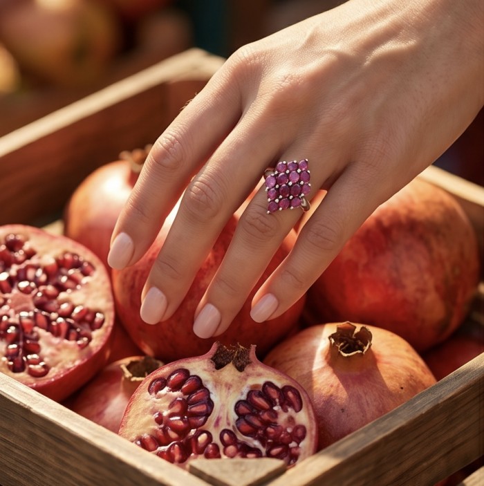 Giuseppina - Magnificent 12.5 carat authentic Ruby rhodium over .925 Sterling Silver handcrafted .925 Silver handcrafted Ring s. 8 - Ring with rubies worn on hand, next to pomegranates in a wooden box.