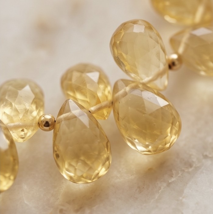 Francesca - briolette cut 28.8 carat Natural Brazilian Citrine TOURMALINE .925 Sterling Silver dipped in 14K Gold handcrafted necklace - Stone close-up of briolette-cut 28.8 ct Natural Brazilian Citrine