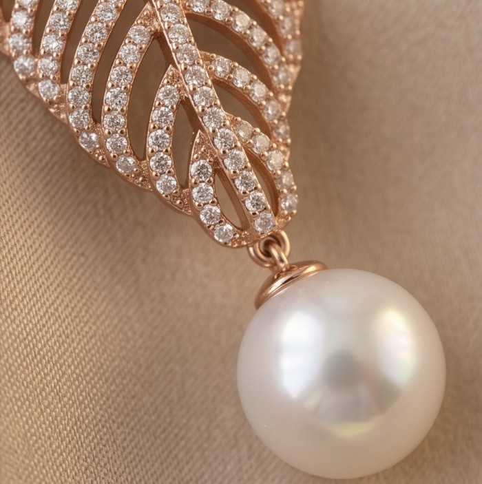 BLOOMING BEAUTY Genuine Pearl 0.2 CARAT lab grown Diamond 22k Rose Gold over .925 Sterling Silver handcrafted Statement Earrings - Close-up of Blooming Beauty pendant with pearl and lab-grown diamonds
