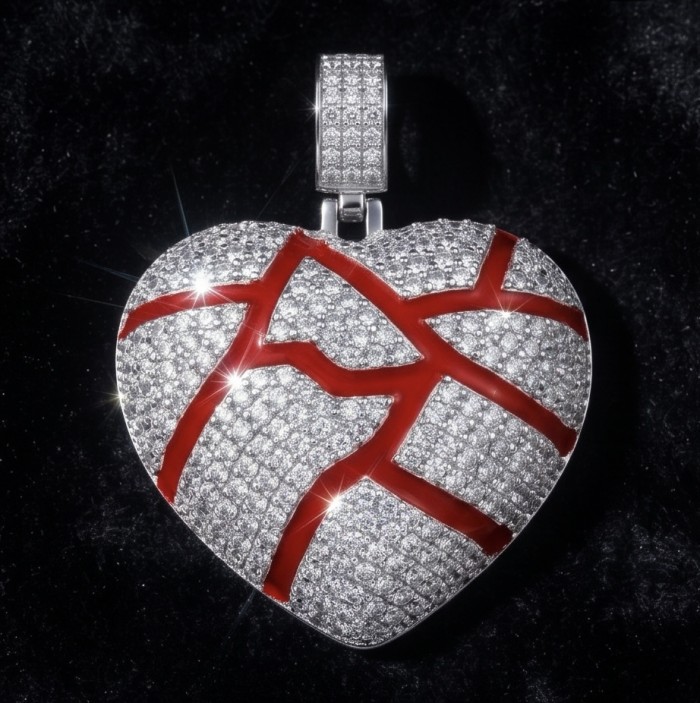 Lava Heart Luxurious 8.4 carat White Topaz .925 Sterling Silver handcrafted pendant - Lava Heart pendant front view with white topaz and red accents.