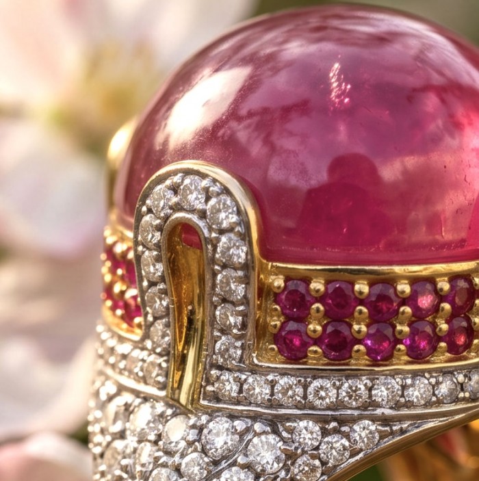Scarlett 19.7 ctw Mozambique Ruby .925 Sterling Silver dipped in 22K WHITE Gold handcrafted Statement Ring size 7 - Close-up of Scarlett ruby ring with diamond details.
