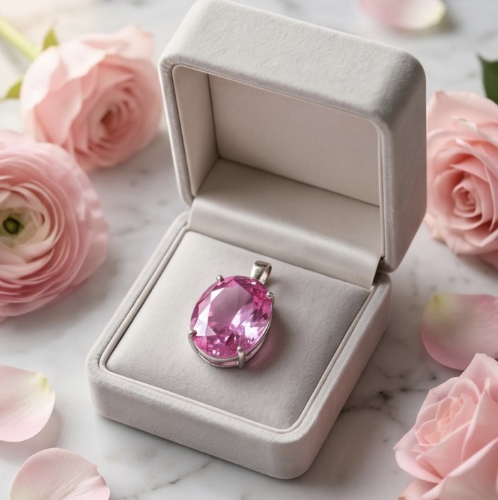 Incredible oval cut 30.8 carat Bubblegum Pink Sapphire .925 Sterling Silver handcrafted pendant - Oval pink sapphire pendant in box with pink roses, top view.