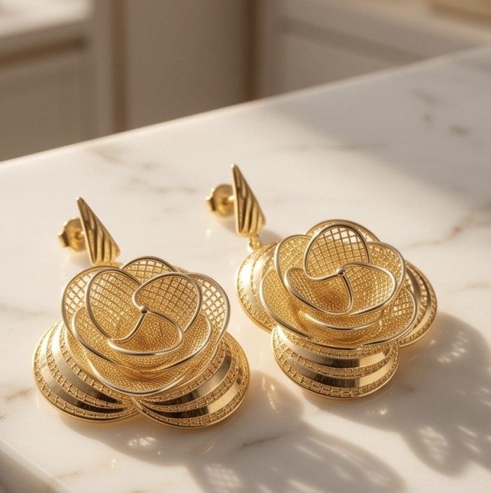 Dubai Style - .925 Sterling Silver dipped in 22K Gold handmade Earrings - Close-up of gold floral earrings on marble surface