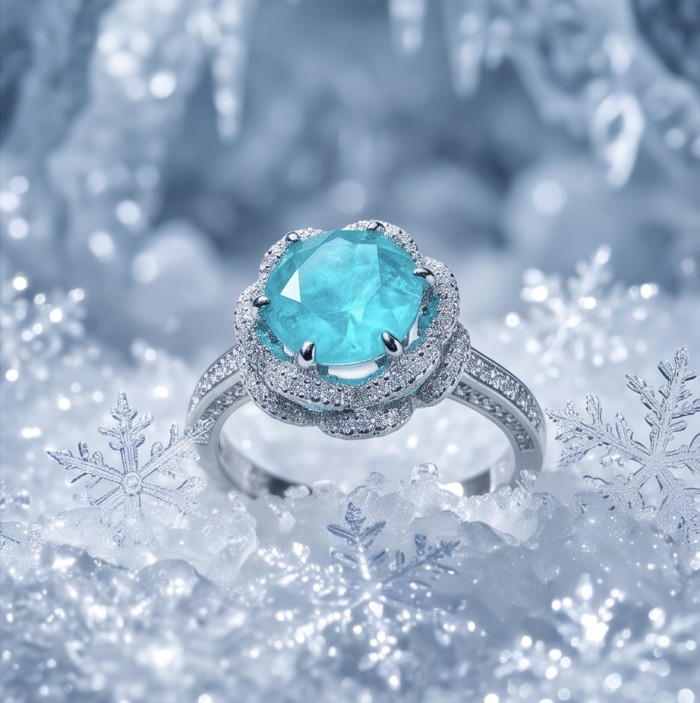Elizabeth round cut 9.8 carat Colombian Emerald .925 Sterling Silver dipped in Rhodium handcrafted Ring size 8 - Close-up of Elizabeth ring with 9.8 carat emerald and snowflakes background