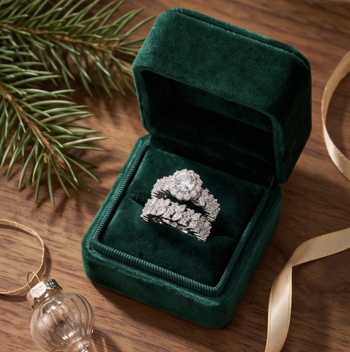 Pure Love Spectacular 7.9 carat White Topaz .925 Sterling Silver stacking ring size 8 - White topaz ring set in green velvet box, top view, holiday decor nearby.