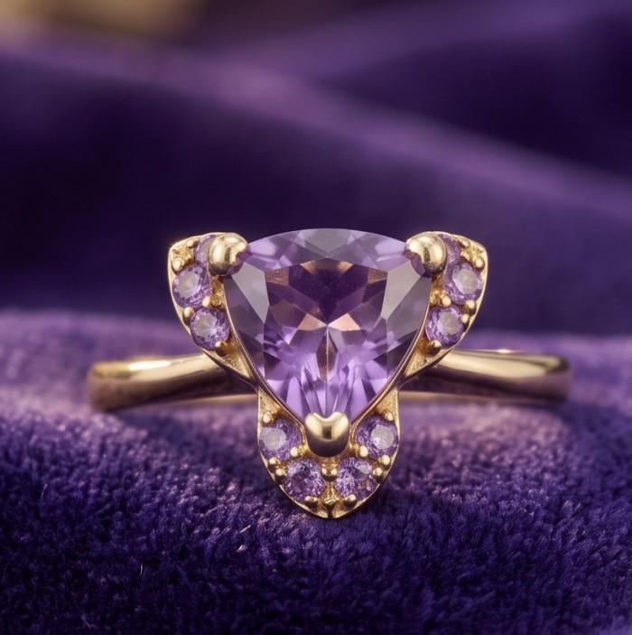 3.4 carat Amethyst 18K Gold over .925 Sterling Silver Handcrafted Ring size 10 1/4 - Close-up of amethyst ring in 18K gold over sterling silver.