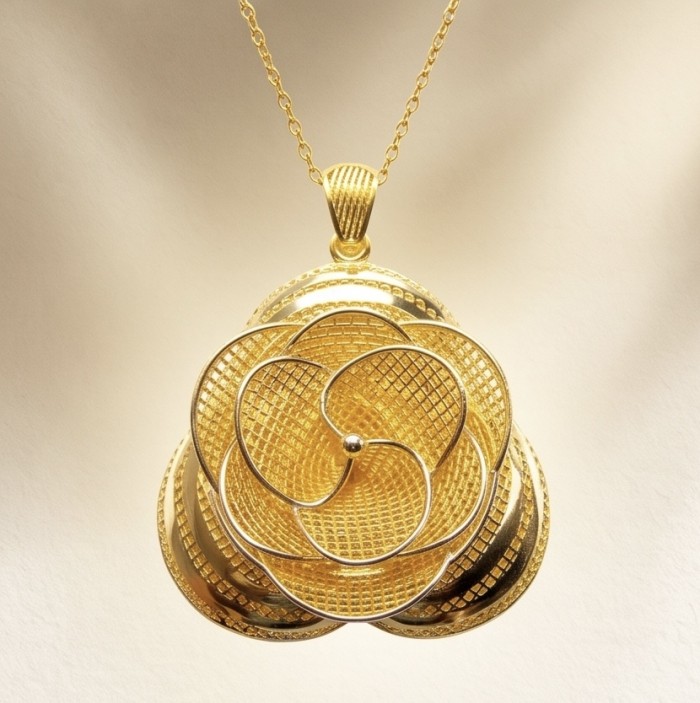 Dubai Style - Golden Rose .925 Sterling Silver dipped in 22K Gold handmade Pendant - Golden rose pendant, front view, .925 silver dipped in 22k gold.