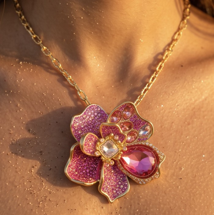 Wonderland 68.5 carat multicolor Pink Topaz 14K Gold over .925 Silver handcrafted Statement necklace brooch - Close-up of Wonderland pink topaz gold necklace worn on neck.
