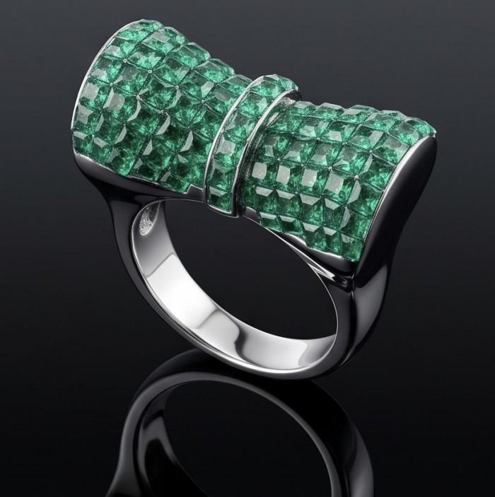 Precious Emerald bow- mystery setting authentic 16.2 carat Emerald .925 Sterling Silver Eternity Ring size 6 1/4 - Side view of 16.2 carat emerald bow ring with mystery setting.