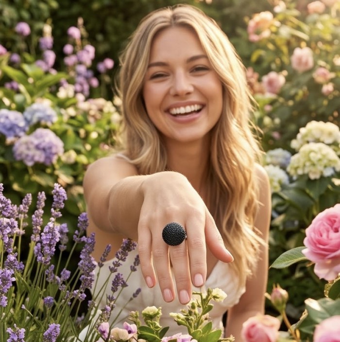 Modern Concept dark blue pave 8.2 carat Sapphire Sphere .925 Sterling Silver ring s. 5 1/4 - Woman in garden wearing Modern Concept Sapphire Sphere ring on hand.