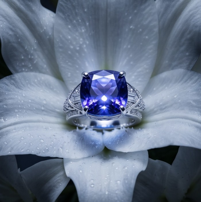 Precious - Art Deco Design asscher cut 15.9 CARAT Tanzanite rhodium over .925 Sterling Silver Statement Ring s. 7 - Tanzanite ring on white flower, stone close-up, Art Deco design