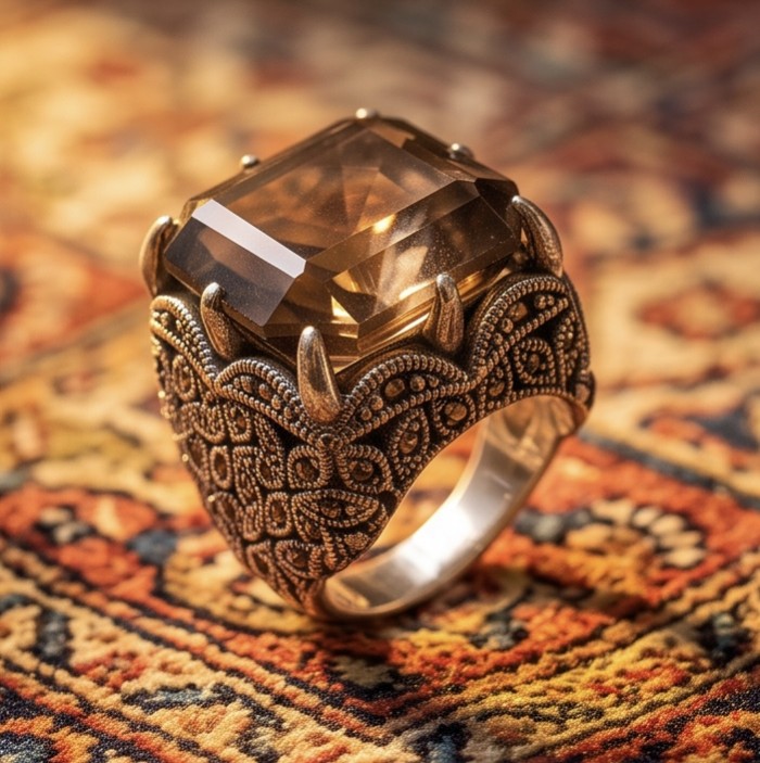 Serenity 19.5 carat Champagne Smoky Topaz rhodium over .925 Sterling Silver HUGE Ring size 8 - Close-up of ornate ring with large Champagne Smoky Topaz stone.
