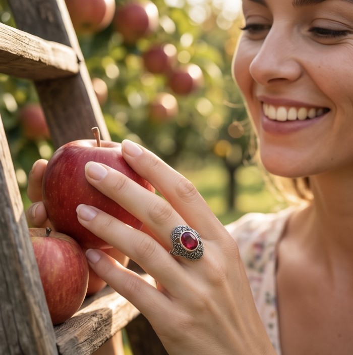 Scarlett 12.7 ctw Mozambique Ruby .925 Sterling Silver handcrafted Statement Ring size 8 3/4 - Ruby ring worn on hand next to apples in orchard.