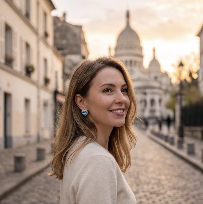 Heartes 6.7 carat Swiss Blue Topaz .925 Sterling Silver Handcrafted earrings - Woman wearing Heartes Swiss Blue Topaz earrings, side view.
