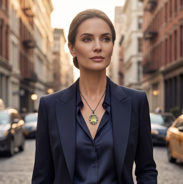 Perfection fancy emerald cut 30.3 carat Lemon Quartz black rhodium over .925 Sterling Silver handcrafted 2 tones pendant - Necklace with 30.3 carat Lemon Quartz worn by a person in a city setting.