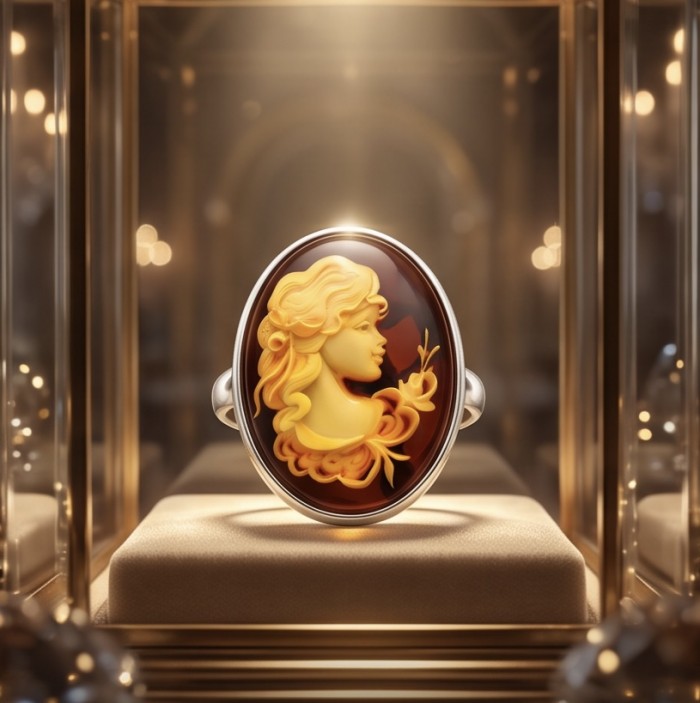 Beautiful Authentic Cameo carved Baltic Amber .925 Sterling Silver handcrafted ring; s. 7 adjustable - Cameo carved amber ring in display case, front view.