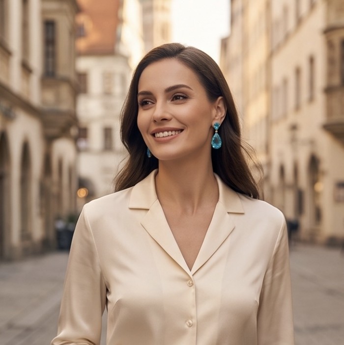 Divine Beauty 38.5 carat Aquamarine black rhodium over .925 Sterling Silver handcrafted Statement EARRINGS - Woman wearing Divine Beauty 38.5 ct Aquamarine earrings, street view
