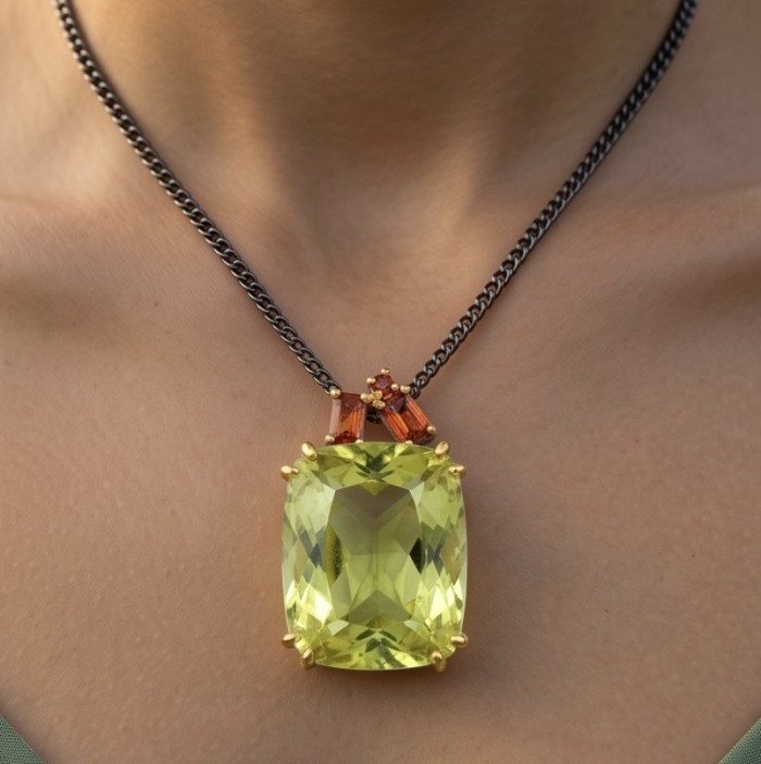 Outstanding 25.2 carat Lemon Quartz black rhodium over .925 Sterling Silver handcrafted Statement necklace - Lemon Quartz necklace on model's neck, showcasing the pendant front view.
