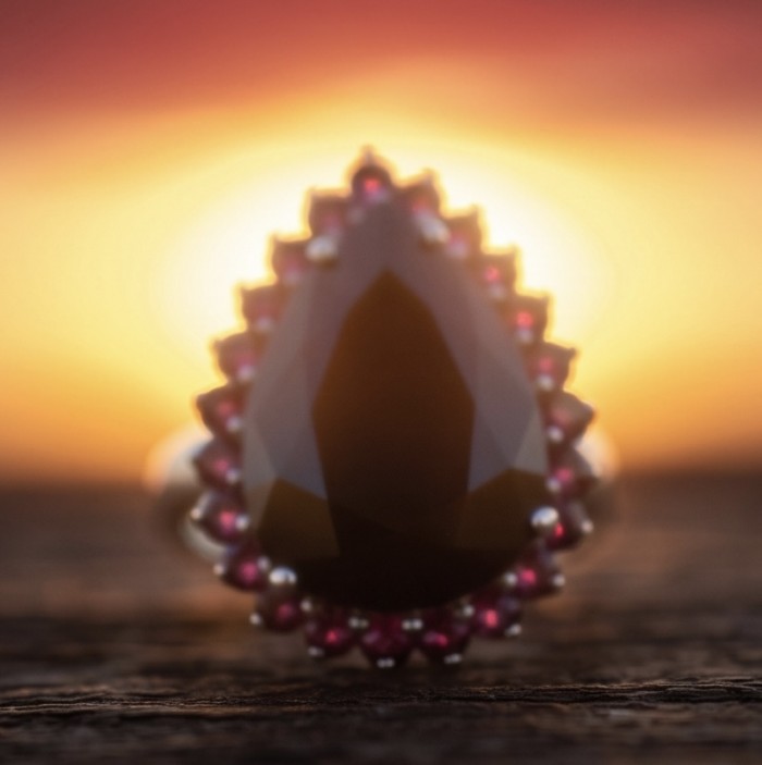 Roxanna - Huge 29.7 carat Black Onyx rhodium over .925 Sterling Silver handcrafted STATEMENT ring; s. 8 3/4 - Stone close-up of 29.7 carat Black Onyx ring at sunset