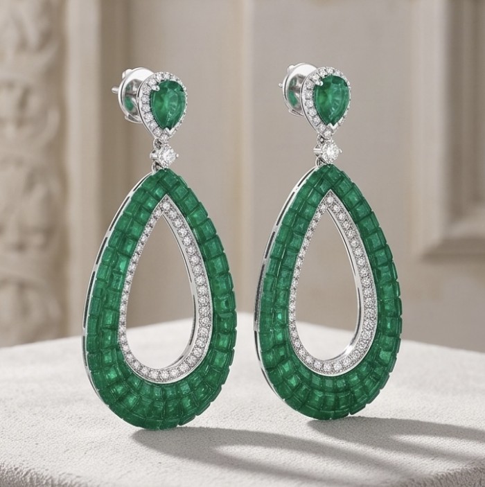 Ofelia - Authentic 5.5 CARAT natural pave Colombian Emerald .925 Sterling Silver handcrafted earrings - Emerald and diamond drop earrings, front view.
