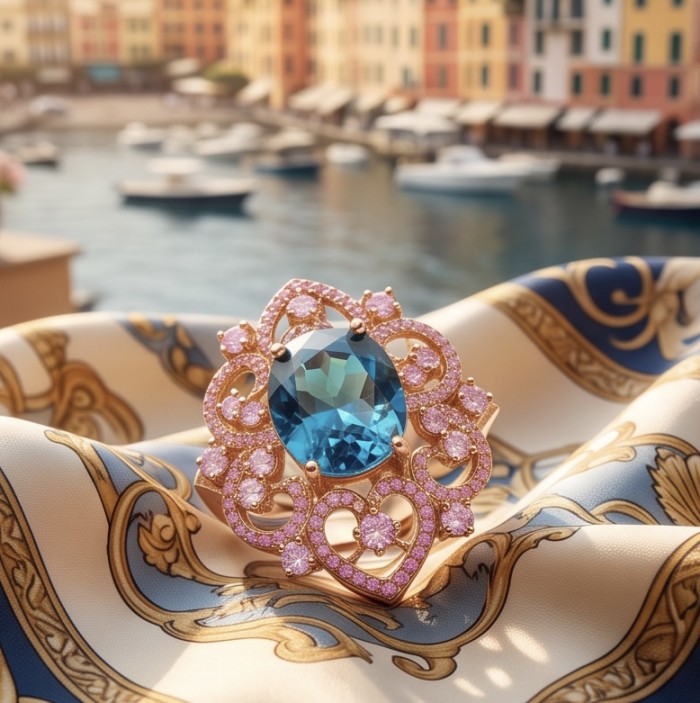Victorian design 10.8 carat authentic London Blue Topaz 22k Rose Gold over.925 Sterling Silver handmade Statement Ring size 6 1/4 - Close-up of a Victorian design ring with London Blue Topaz.