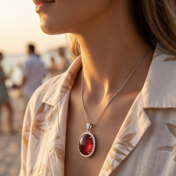 Rare finding! Deluxe 145.2 carat authentic Kashmir Star Ruby rhodium over .925 Sterling Silver handmade Statement Pendant - Pendant on person at beach, showcasing Kashmir Ruby close-up