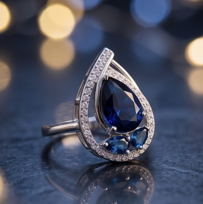 Classy design - baquette cut 6.7 carat natural Sapphire .925 Sterling Silver Perfectly handcrafted Ring s. 7 1/4 - Close-up of a sapphire ring with diamond accents on a reflective surface.