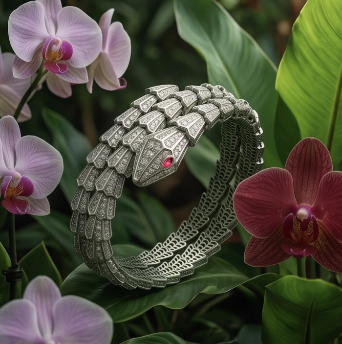 SERPENTINE Precious Snake Genuine 22.2 Moissanite 925 Sterling Silver handcrafted Bracelet - Snake bracelet with moissanite stones, surrounded by orchids and leaves.