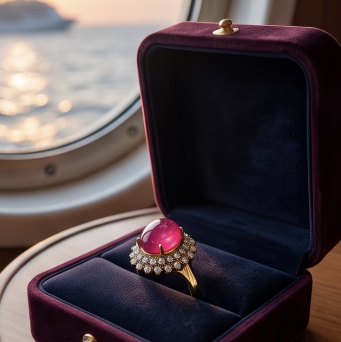Scarlett 8.7 ctw Mozambique Ruby .925 Sterling Silver DIPPED IN 22k GOLD handcrafted Statement Ring size 8 - Mozambique ruby ring in open box, ocean background, close-up view.
