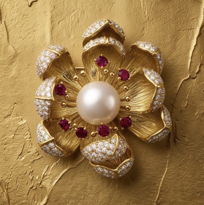 Black Label Collection - Retro Style - Rose Genuine Pearl 4.5 carat Garnet .925 Sterling Silver dipped in 18K Gold handmade Pendant - Brooch - Flower-shaped brooch with pearl and rubies on gold background, top view.